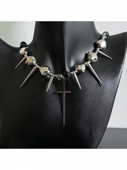 Silver Punk Necklace with Cross Pendant - YSHXS