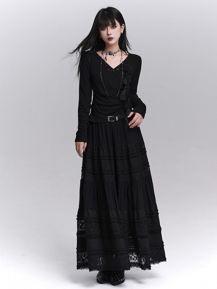 3D with Rose Ruched Top Black Gothic Sleeve Ribbon V-Neck Detail Long