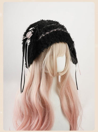 Black and Pink Plush Hat with Detachable Bunny Ears