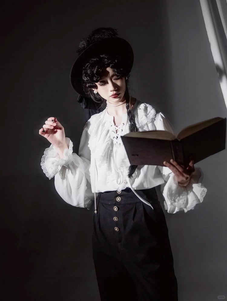 with Long Front Lace-Up Blouse Sleeves White Ruffled