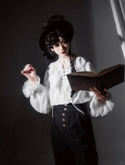 with Long Front Lace-Up Blouse Sleeves White Ruffled