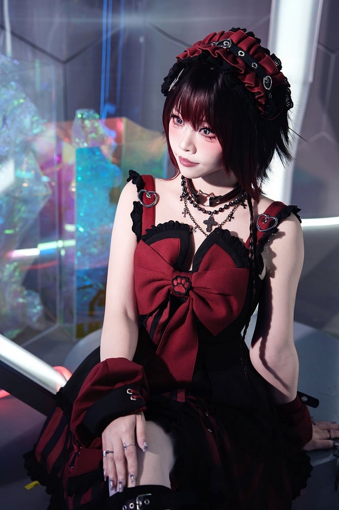 JSK Collar and Ears Red Dress Gothic Sailor Striped Pattern Big + Kitty Bow Top Lolita Black Cropped