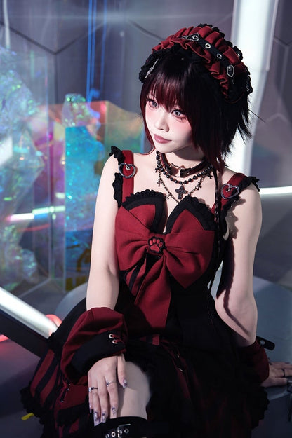 JSK Collar and Ears Red Dress Gothic Sailor Striped Pattern Big + Kitty Bow Top Lolita Black Cropped