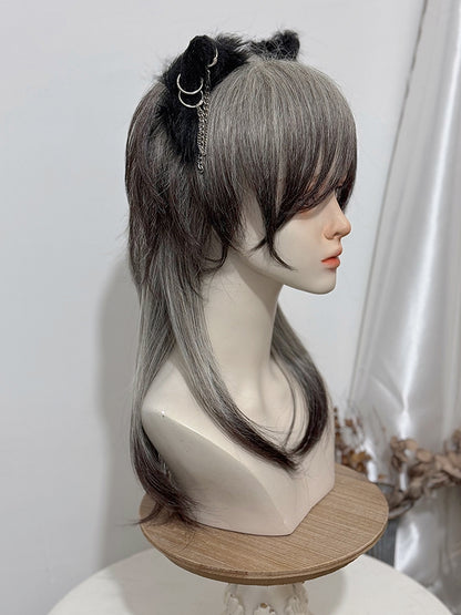 ブラック 45cm 王子前髪 オンブル ストレート グレー スタイル付き 長さウィッグ