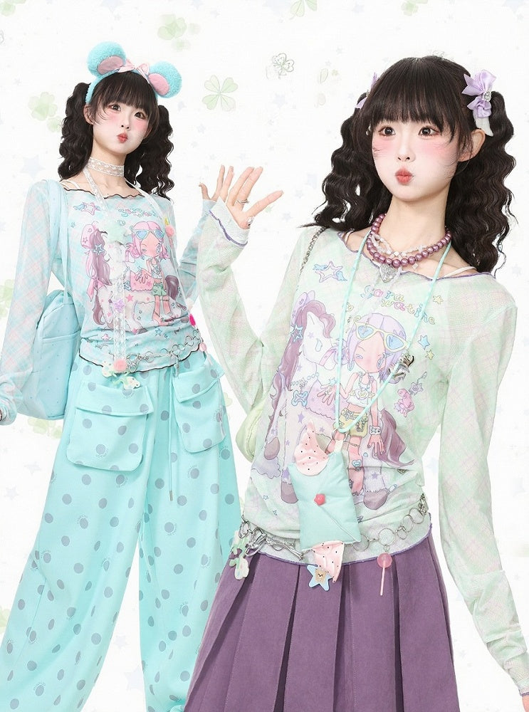 Cyan Breathable Mesh Long Sleeve Sun Protection Tee with Cartoon - Languid Park
