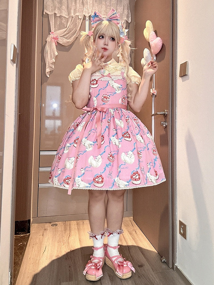 Flauschiger Showa-Pullover, rosa Kätzchen, süßes Lolita-Print, süßes Rockkleid