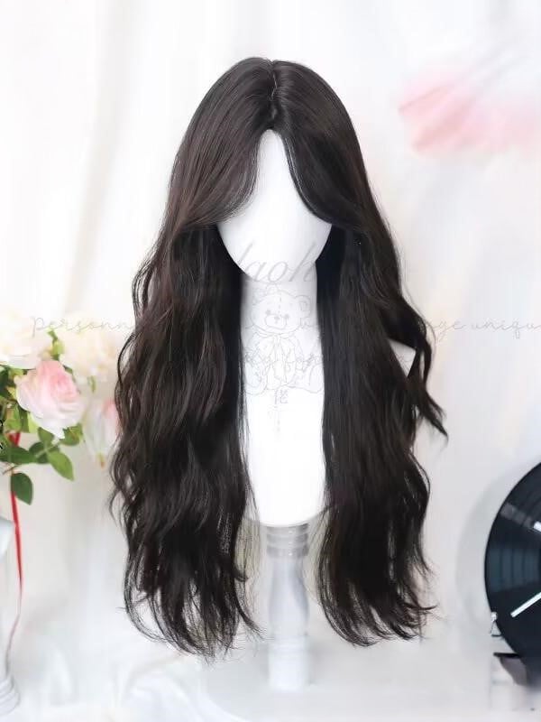 Wavy Black Bangs Wigs With Long Curtain