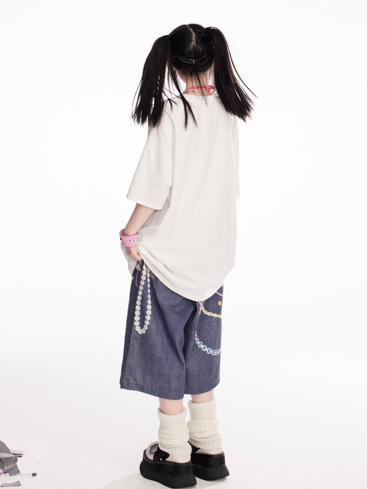 プリントルーズホワイトラウンドネックエンジェルTシャツ