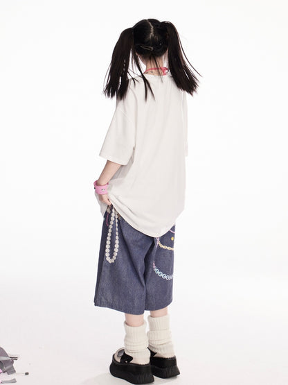 プリントルーズホワイトラウンドネックエンジェルTシャツ