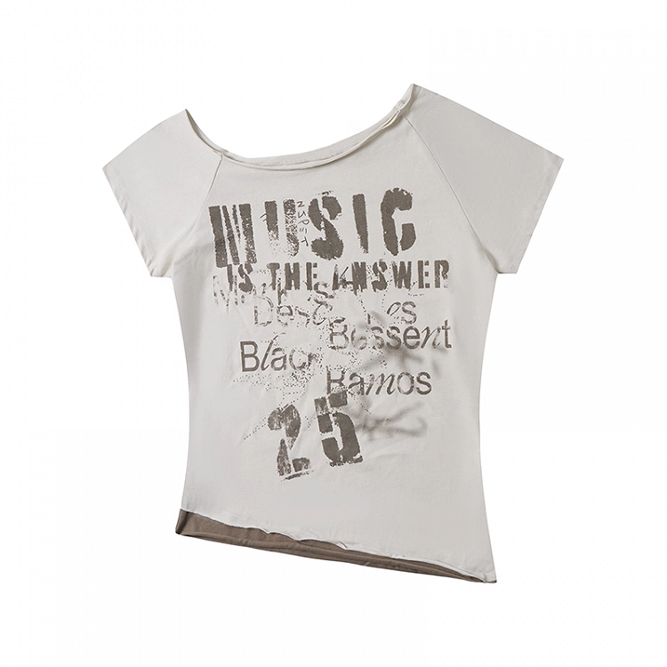 Asymmetrical Neckline Letter Print Slim-fitting T-shirt Apricot