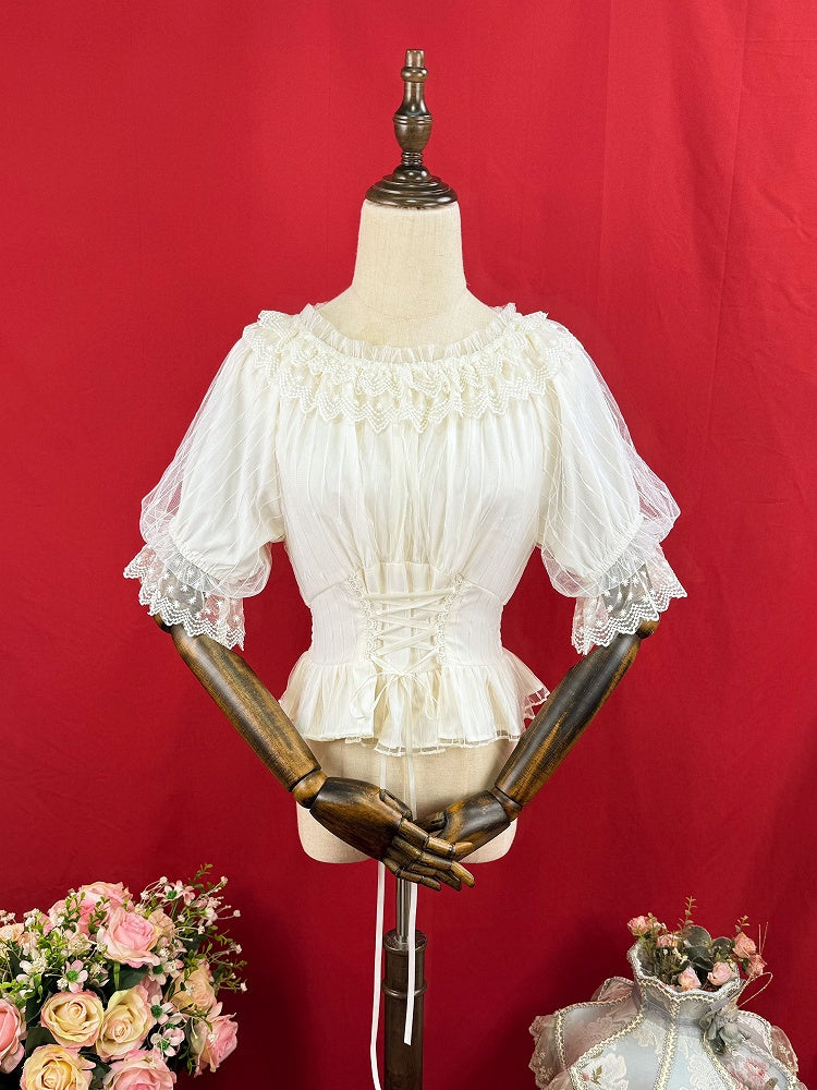 ショート丈伸縮性ブラウス ネックライン アプリコットスリーブ