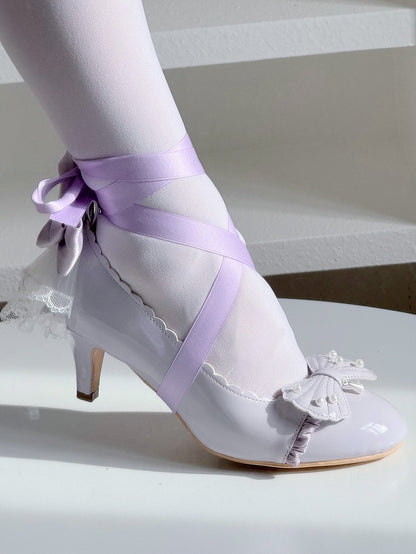 Purple Beaded Motif Mid-heel Elegant - Bow with Lolita Shell Scalloped Hem Pumps Ruffle Trim