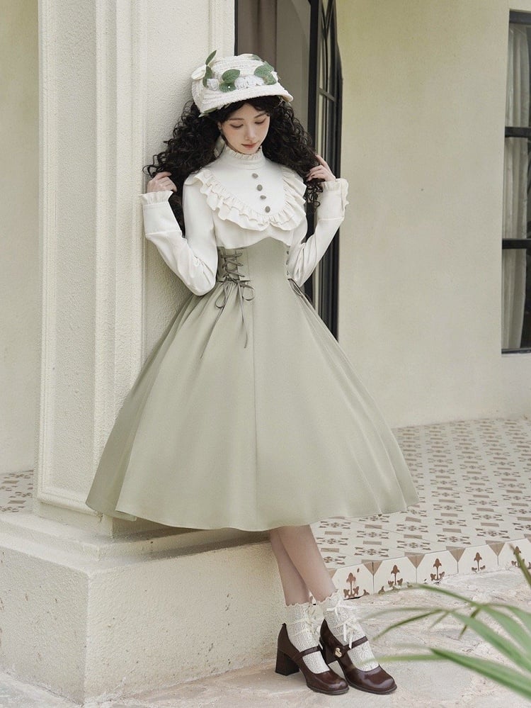 Light Green and Beige Ruffle Neckline Long-Sleeve Spring Classic Lolita Dress Layered-Look
