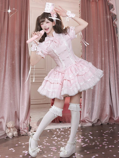 Adorable Pink OP Dress with Heart Buttons, Puff Sleeves, Lace & Bow Accents - Cat Cake