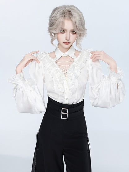All White Cascading Ruffles V-neck Long Sleeves Backless Shirt with Bead Chains - DevilInspired Exclusive Collection