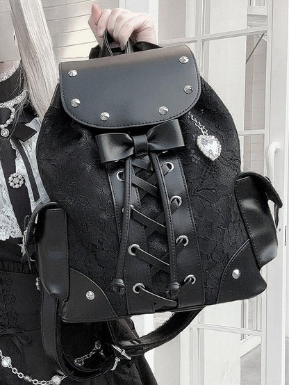 Jirai Kei Backpack with Heart Pendant, Lace Flap, Studs & Bowknot - Miao Lei Dian Bo
