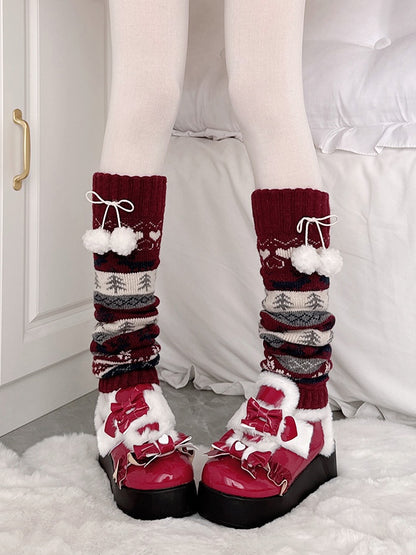 with Decorations Pattern Red Pom-pom Leg Leaf Knitted Warmers Wine