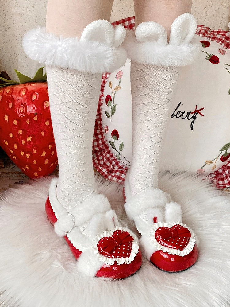 Red Bunny Fur-Trimmed Heart Detail Flat Winter Shoes - Cute Bunny