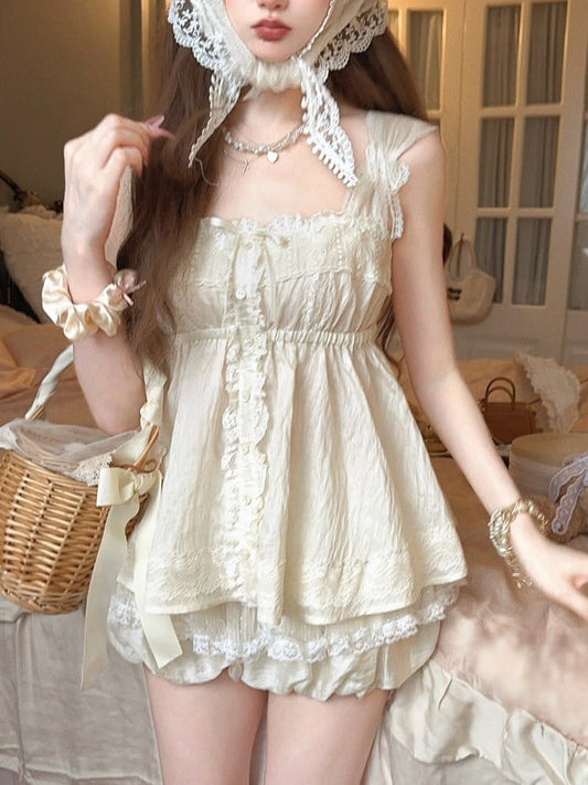 Top With Bows Satin Trim Lace Cami Apricot