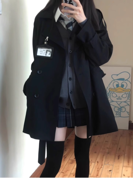 Taille JK Mantel Gürtel Uniform Graben Schwarz/Khaki Mit