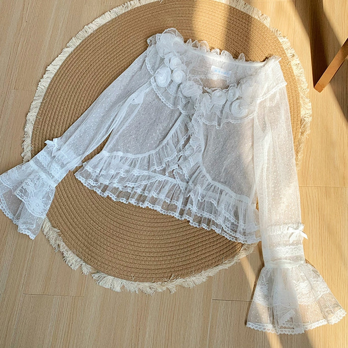 Dotted Sheer Trimming Long Tulle Flounce Sleeves White Top