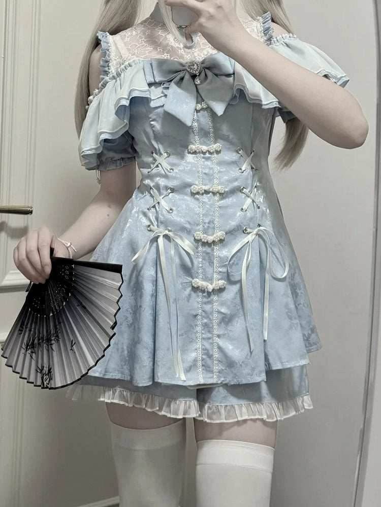 ショートパンツ、蝶ネクタイ、チャイナドレス、ライト、ネックライン、ケイスタイルセット - ジライイリュージョンミニドレス、ブルー、ベルスリーブ