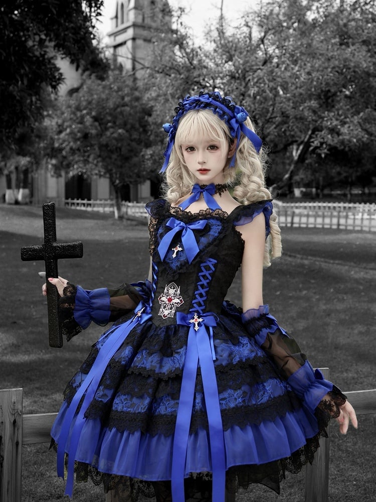 Gothic Lolita JSK Dress with Cross & Spider Details, Layer Lace Trim & Bowknots in Black & Blue - Dream Flower Box