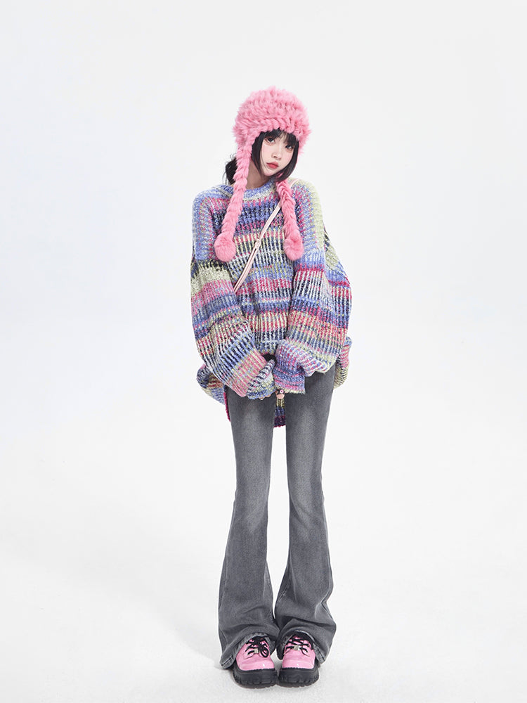 Washed Gray Jeans Low-Rise Flared with Finish Fly Button