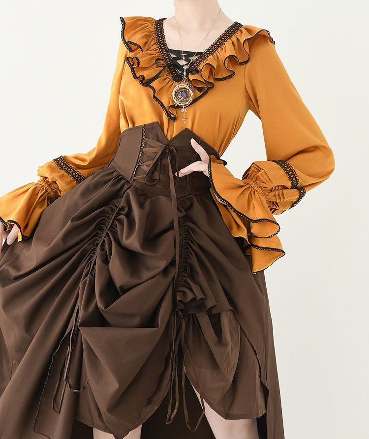 Pumpkin Orange Lace-up Structured Ruffles V-neck Long-Sleeve Blouse