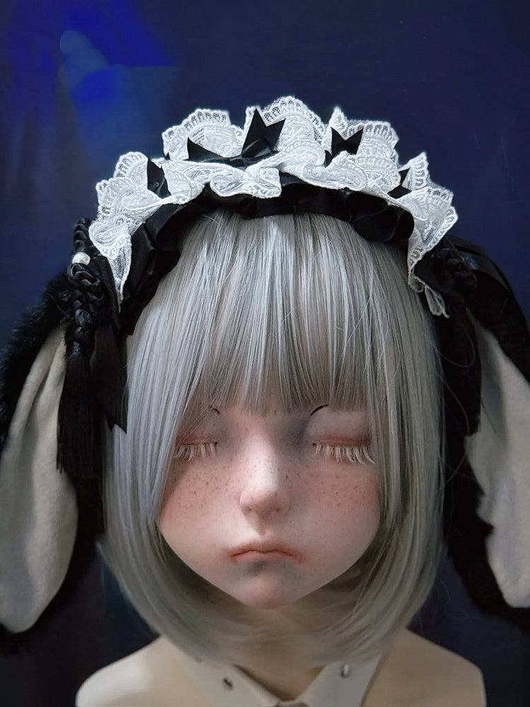 Droopy Black Alternative in Ear White Plush with KC Maid-style Lace Bunny Style