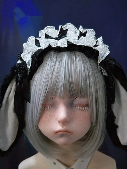 Droopy Black Alternative in Ear White Plush with KC Maid-style Lace Bunny Style