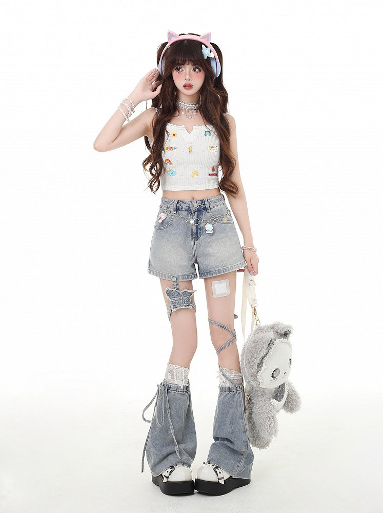 Leichte Schmetterlings-Beinwärmer mit ausgestelltem Bein, blaue Jeansshorts mit abnehmbarem Strumpfband, Y2K