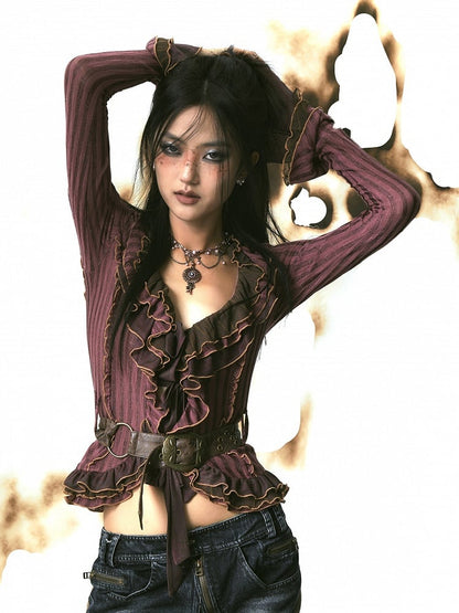 PU Purple-Red with Cardigan Adjustable Knit Ruffles Belt Tulle