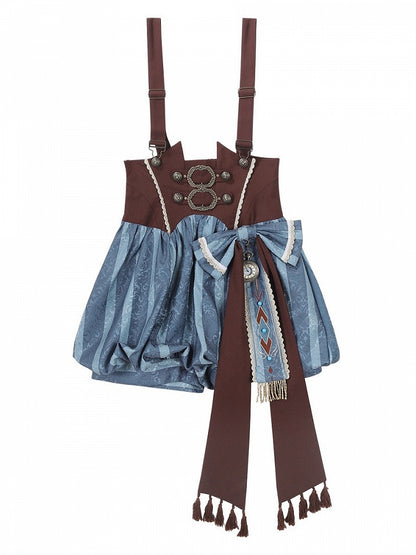 Brown Blue Striped Bow Decorated Overall Shorts Design - Xiong Dou Jiang