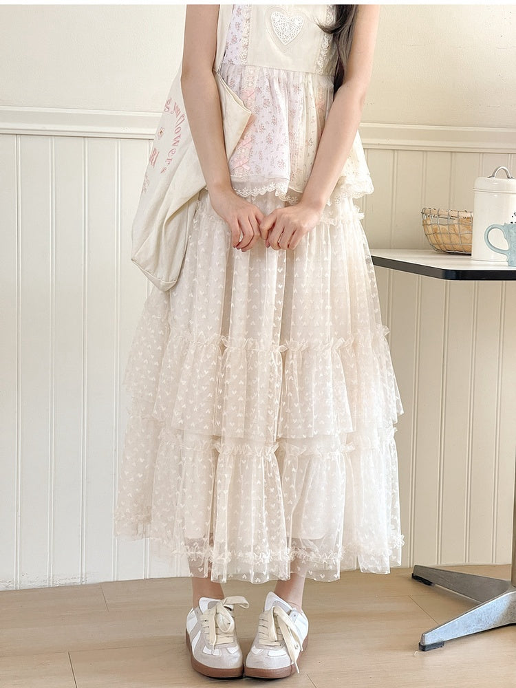 アプリコット ゴムウエスト ハート柄 メッシュ ティアードスカート