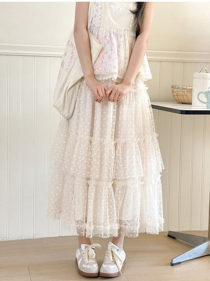 アプリコット ゴムウエスト ハート柄 メッシュ ティアードスカート