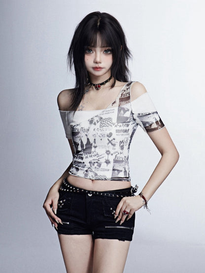 ディテール付きショートパンツ ブラック ローウエスト スタッズ グラマラスジッパー