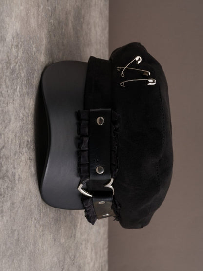 Ruffled Pin Hat Beret Decorated Black Trim Gothic