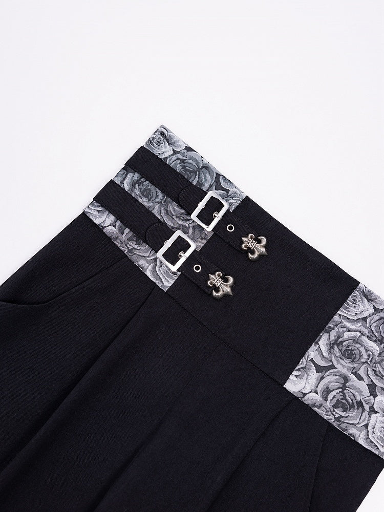 High-Waist Black Ouji Pants with Rosette Print and Buckles - DevilInspired Exclusive Collection