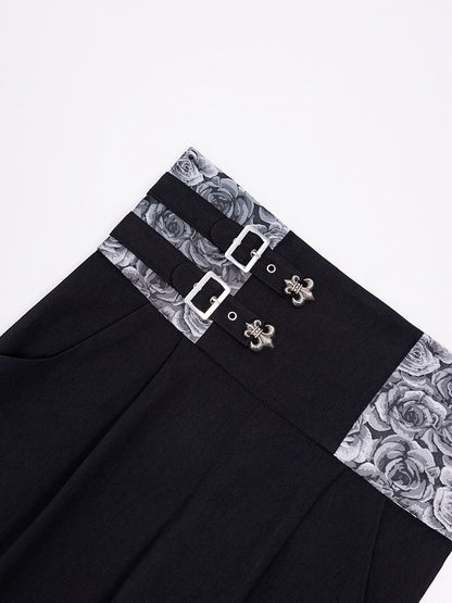 High-Waist Black Ouji Pants with Rosette Print and Buckles - DevilInspired Exclusive Collection