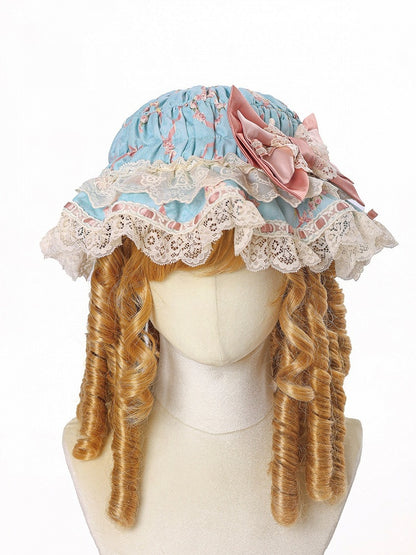 Floral Print Baby Hat with Lace Trim, Two-Color Lolita Style - Alice Girl
