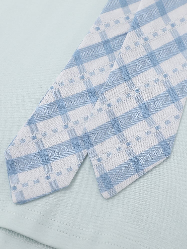 Preppy Fake Two-Piece Turn-Down Collar Short Sleeve Top in Light Blue with Plaid Tie and Badges - Languid Park