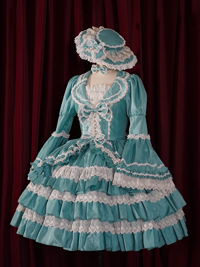 Turquoise Green Tiered Ruffle Skirt Long-Sleeve Lolita Dress