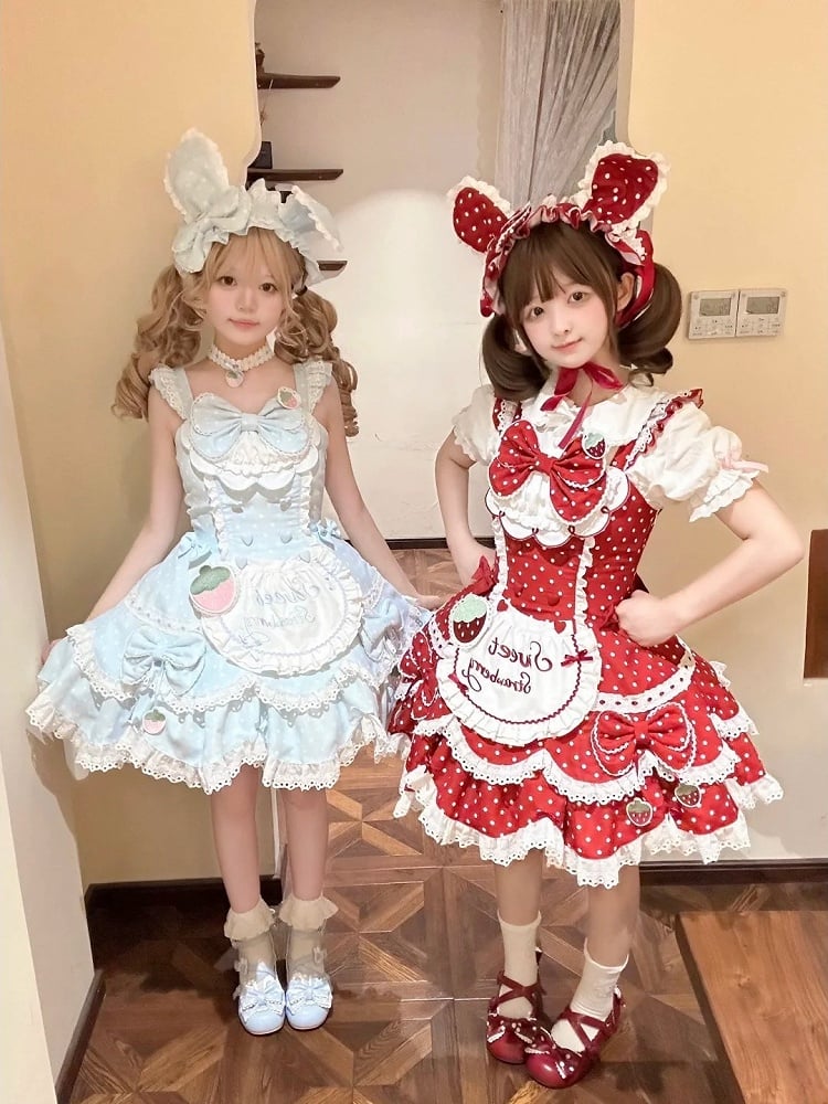 and Choker Cute + Polka Lolita Themed Hairband Baby Set Dress Lace Bunny with Full Bow Bonnet JSK Details Strawberry Blue Dot Ear