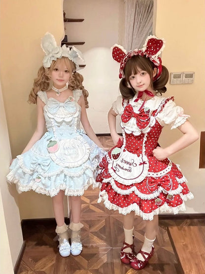 Dress Themed with JSK Dot + Red Polka Lolita and Bunny Hairband Strawberry Ear Vintage Details Lace Bow