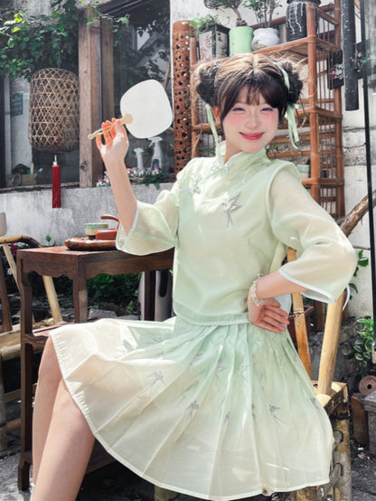 Green Willow and Swallow Print Cheongsam Light Style