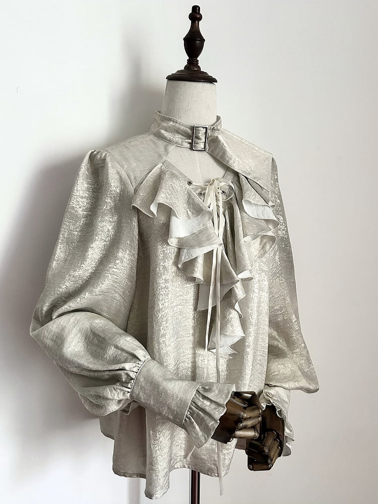 Collar and Sleeves Buckled Off Lolita White Ouji Shirt with Lace-Up Pirate Long Vibes