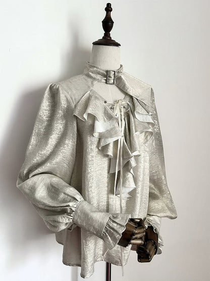 Collar and Sleeves Buckled Off Lolita White Ouji Shirt with Lace-Up Pirate Long Vibes
