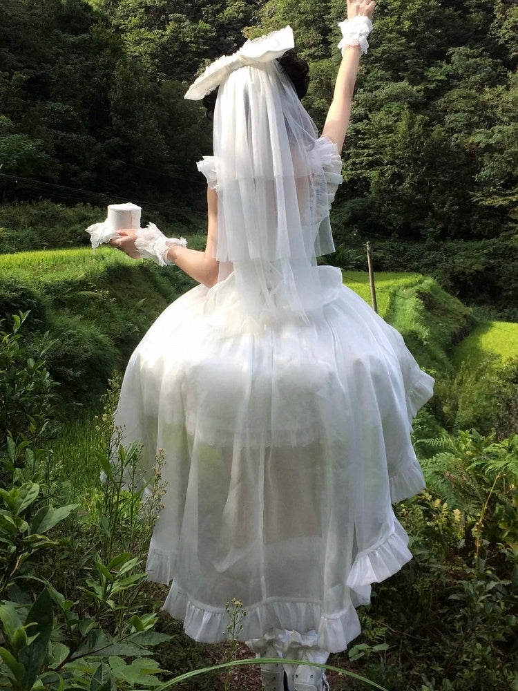 Blooming Layered Jacquard Hime Lolita Dress – Basque Waist with Lace & Fluffy Flower Accents | Sheer Ocean