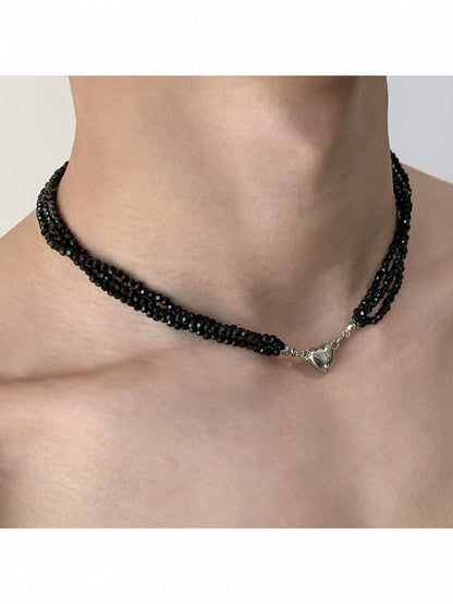 Obsidian Bead Necklace with Silver Heart Charm - YSHXS